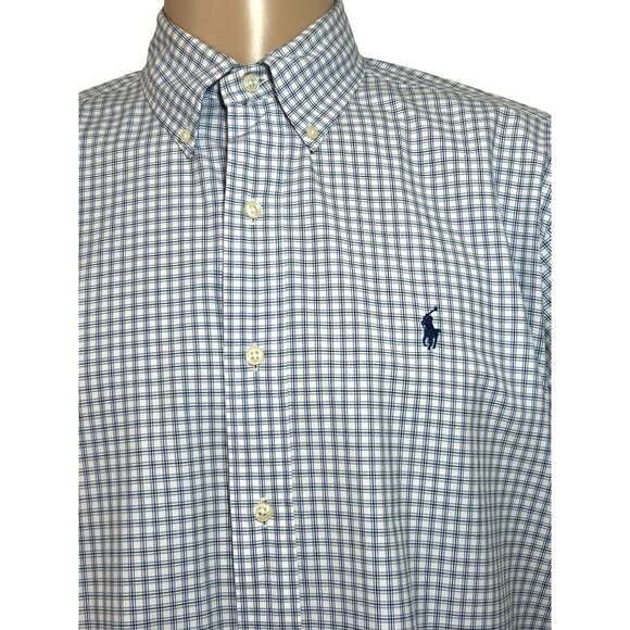 Ralph Lauren Men’s Button Down Shirt L Short Sleeve Plaid White Blue Black Check - Picture 7 of 10